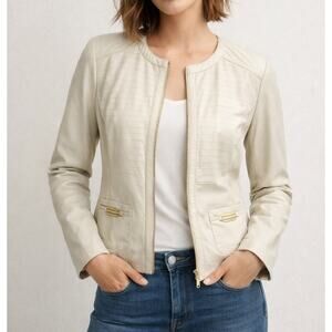 Womens Luisa Spagnoli Cream Leather Jacket Size 46/10-12 EUC!